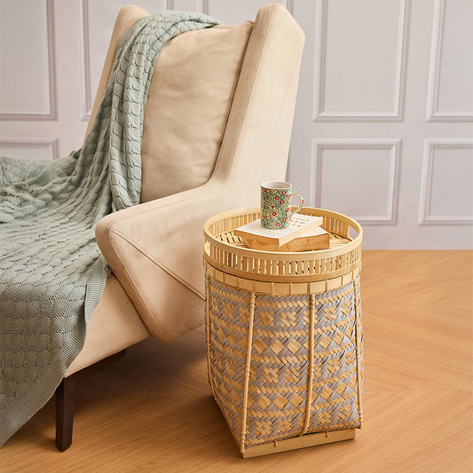 Woven basket side table, Multifunctional lidded basket, Woven bamboo basket with flat lid for table use, Stylish storage basket side table combo, Boho chic woven furniture, 
Japandi style accent table, Bamboo and rattan lidded storage, Durable handcrafted woven basket .