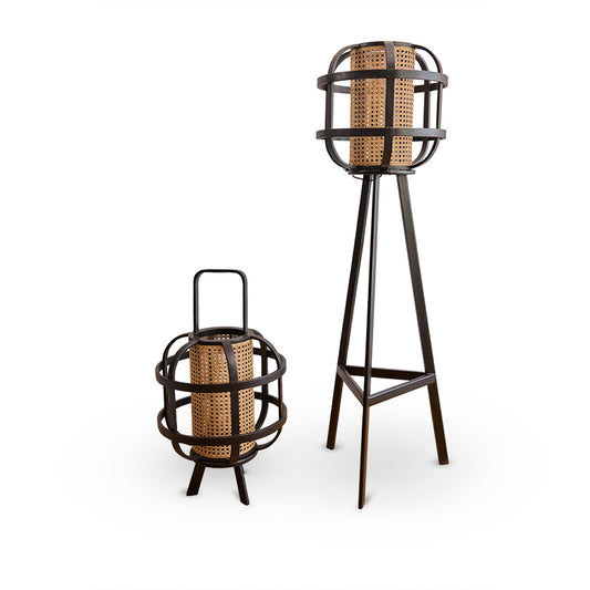 decorative floor lantern, modern rattan lantern, metal and rattan lamp, Boho style floor lamp, standing lantern décor, modern bohemian home lighting, cage design floor lamp, tripod standing lamp with rattan.