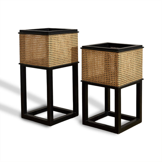 Cane planter stand, Rattan plant stand, Woven planter with wooden frame, Boho plant stand, Tall indoor planter, Handcrafted cane pot stand, 
Modern planter with natural weave, Black wooden plant holder, Decorative rattan planter box, Elevated indoor plant stand, 
Mid-century modern cane planter with black legs, Indoor plant stand with woven rattan basket, Tall handcrafted cane planter for living room.