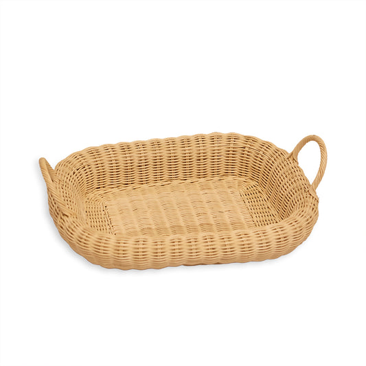 Wicker basket, Rattan basket, Handwoven basket, Basket with handles, Natural wicker basket, 
Handmade storage basket, Bread serving basket, Bathroom organizer basket, Kitchen storage tray, 
Fruit basket for table.

