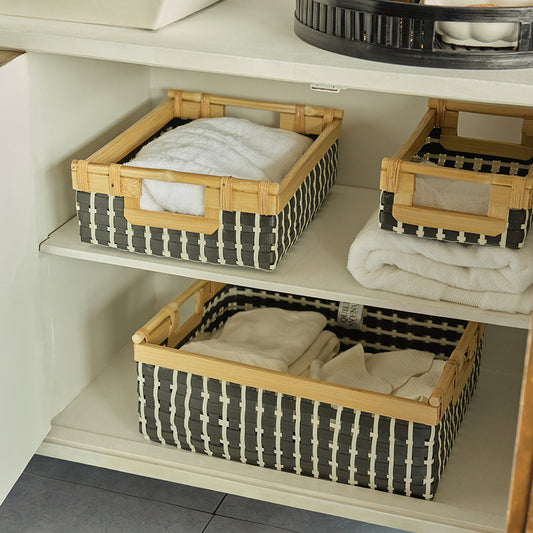 Woven bathroom storage baskets, Rectangular organizer baskets, Handwoven bamboo baskets, Natural woven storage trays, Black and beige wicker baskets, Shelf baskets for towels, Decorative cabinet storage bins, Eco-friendly woven organizers, Rattan and bamboo shelf baskets, 
Multipurpose storage baskets, 
Minimalist bathroom storage ideas, Small space organizing baskets, Rustic shelf organizer bins, 
Home décor storage solutions, Baskets with handles for easy access .

