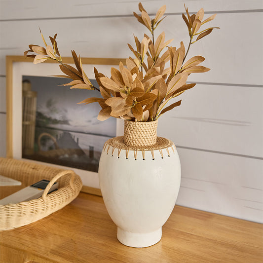 Woven ceramic vase with artificial foliage, Decorative table vase for living room, Handcrafted ceramic and rattan vase, Natural fiber and ceramic flower vase, Minimalist vase with natural elements, Contemporary farmhouse décor vase, Stylish woven ceramic display piece .



