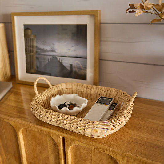 Rectangular wicker basket, Handwoven rattan tray, Natural wicker storage basket, Entryway table organizer, Wicker catchall tray, 
Decorative basket for console table,
Boho home décor accessory, Basket for keys and remotes, Wicker tray for hallway table,Organizer tray for living room.
