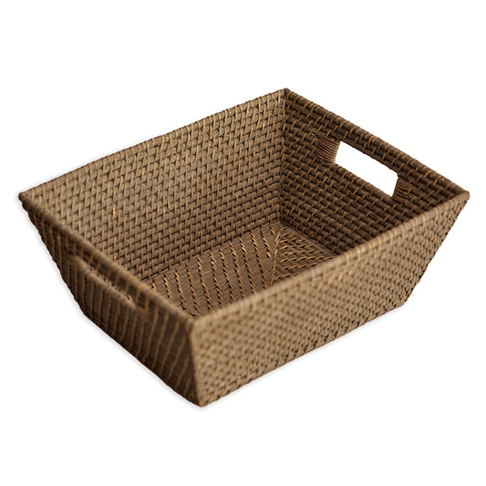 Rectangular wicker basket, 
Woven storage basket with handles, 
Brown rattan organizer bin, Handwoven utility basket, Rustic home storage solution, Eco-friendly basket for shelves, Decorative woven basket tray, Seagrass-style storage bin, Natural fiber basket with cutout handles, Multipurpose wicker basket. 

