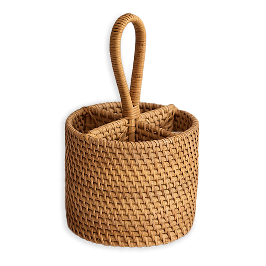 Round wicker utensil caddy, Rattan cutlery holder with handle, Handwoven flatware organizer, Boho kitchen caddy basket, Natural wicker picnic caddy, 4-compartment woven table organizer, Rustic dining table caddy, Handmade round rattan caddy, Multi-use storage basket with handle, Decorative woven utensil organizer. 