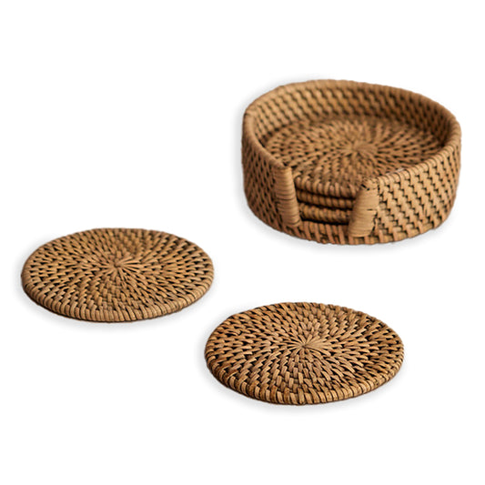 Woven coaster set, Natural rattan coasters, Handcrafted drink coasters, 
Eco-friendly coasters with holder, 
Rustic table coasters, Round wicker coasters, Boho style drink mats, Water hyacinth coaster set, Handmade table decor accessories, Natural fiber coasters. 