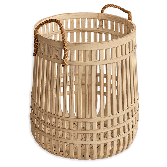 Bamboo laundry basket, Woven storage basket, Natural bamboo basket, Eco-friendly laundry hamper, Handcrafted bamboo basket, Decorative storage basket, Open weave basket, Bamboo hamper with handles, Rustic home decor basket, Boho style basket, Large bamboo basket for laundry, Handmade eco-friendly storage basket, Natural bamboo woven hamper with rope handles, Decorative rattan-style basket for living room.
