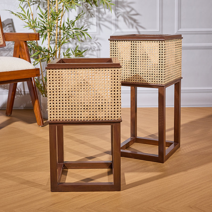 Cane planter stand, Rattan plant holder, Wicker indoor planter, Wooden cane planter, Natural cane plant box, Bohemian planter décor, 
Wooden base wicker planter, Handcrafted cane planter for living room, Wooden stand wicker planter for home décor, Decorative tall indoor plant stand with rattan. 

