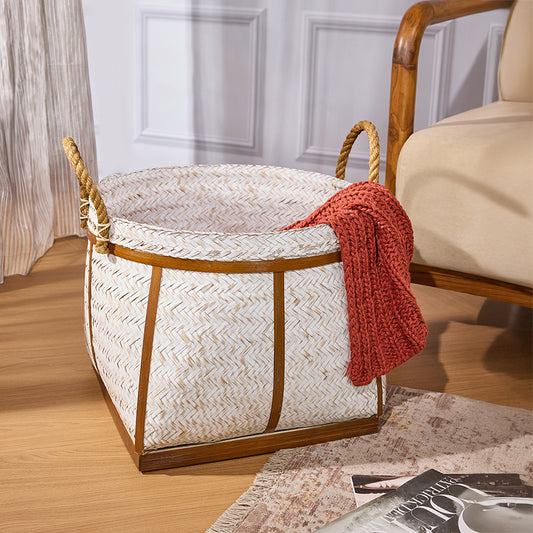 Woven basket with handles ,Decorative storage basket, Handwoven home basket , Stylish living room storage basket, Handmade basket for blankets, Cozy home décor basket, Bohemian style storage basket, Modern rustic woven basket .