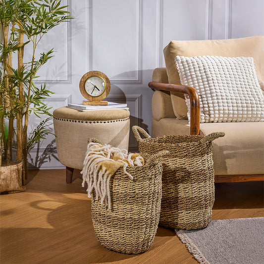Handwoven seagrass baskets, Natural storage baskets with handles, 
Decorative wicker storage bins, 
Rustic woven baskets, Eco-friendly laundry hampers, Handcrafted seagrass basket set for living room, 
Decorative woven baskets for blankets and throws, Boho farmhouse storage baskets with handles, Set of 2 woven baskets for home organization, Coastal style wicker baskets for storage. 