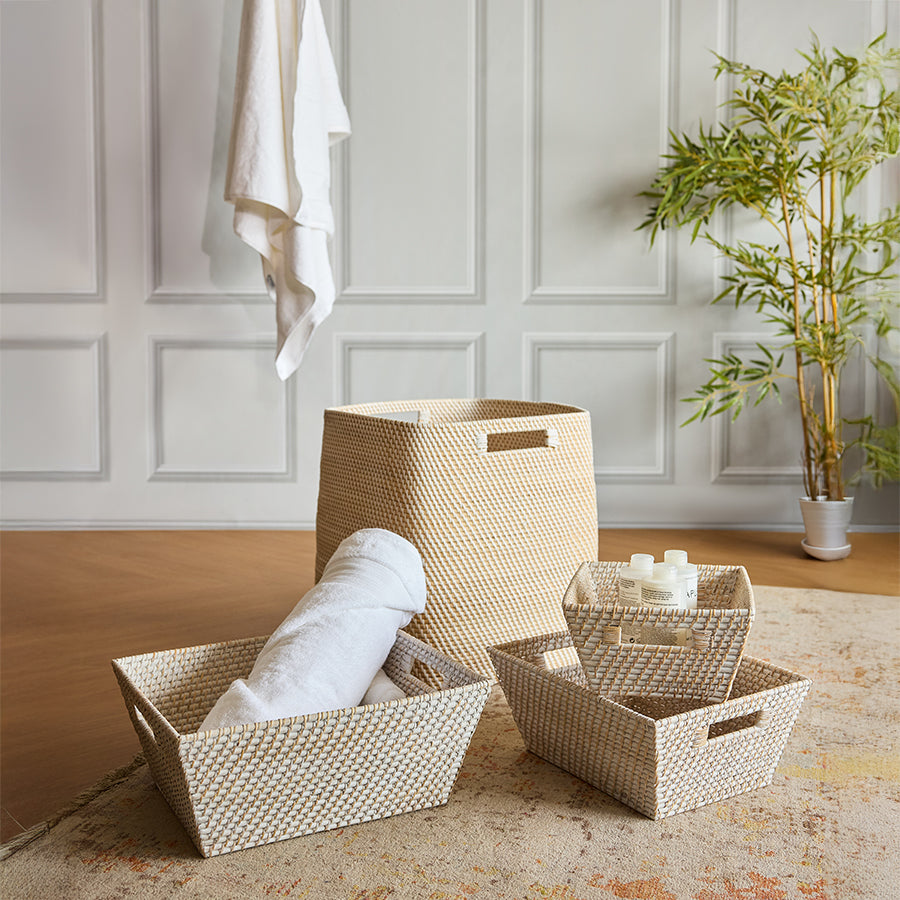 Woven basket set, Handwoven storage baskets, Rattan storage bin set, Bathroom storage baskets, Multipurpose woven organizer, Natural woven basket set for bathroom and home, Handcrafted rattan baskets for towels and toiletries, Matching basket set for home organization, Eco-friendly woven baskets for linen storage, Decorative organizer baskets with handles, Bathroom towel storage baskets, Vanity storage baskets for toiletries .

