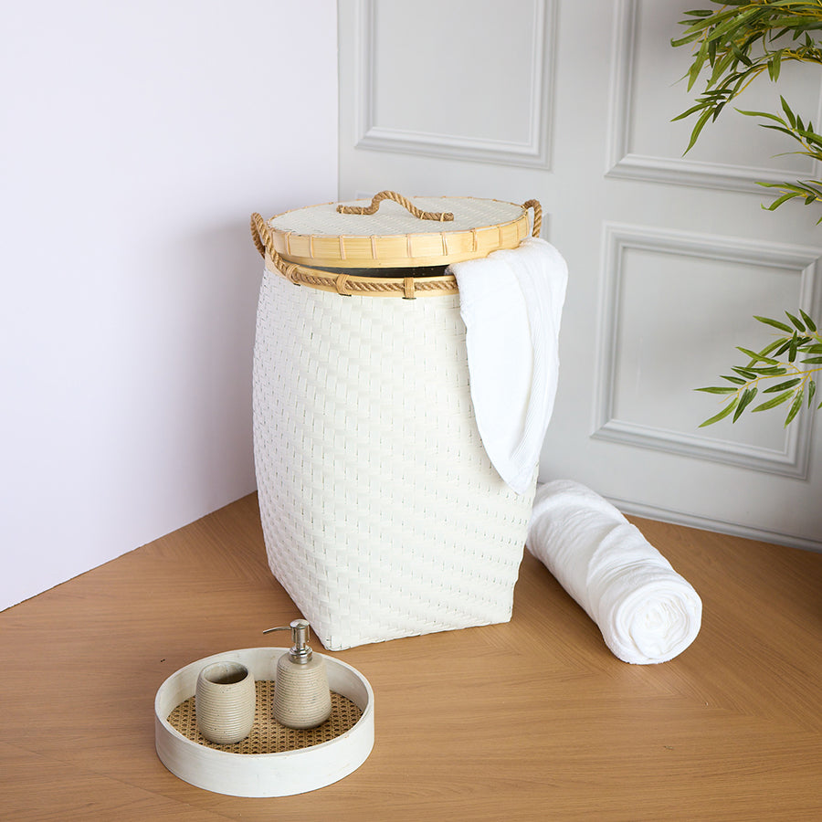White woven laundry basket, Bamboo laundry hamper with lid, Lidded laundry basket, Natural rattan clothes hamper, Handwoven laundry bin, Eco-friendly laundry storage, Boho laundry basket, Minimalist woven hamper, Bamboo and rope laundry bin .