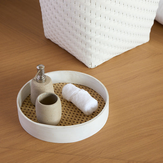 White round rattan tray, Round rattan vanity tray, Woven cane bathroom tray, Handmade rattan tray, Rustic rattan organizer tray, Boho bathroom tray, Rattan tray for bathroom counter, Tray for hand towels and soap, Vanity tray for toiletries, 
Decorative tray for spa bathroom ,
Natural rattan tray for home décor, 
Bohemian style bathroom accessor .
