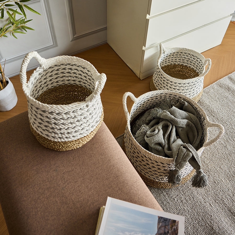 Eco-friendly home storage solution, 
Braided rope baskets for towels, 
Minimalist home organization baskets, Versatile indoor storage containers, Modern woven basket set, Decorative woven storage baskets, Natural rope baskets with handles, Set of nesting baskets for home organization, Boho chic woven baskets .