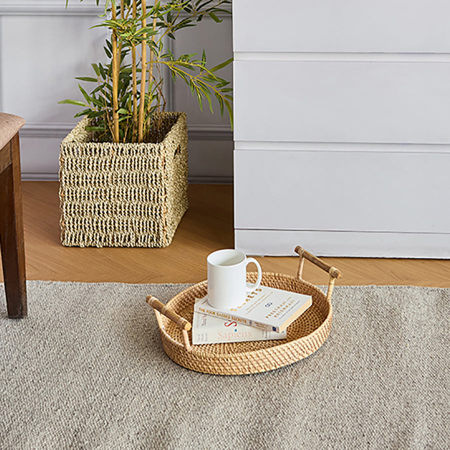 Rattan tray with handles, Handwoven rattan serving tray, Round wicker tray, Coffee table books, Lifestyle reading books, Decorative books for display, Minimalist white ceramic mug, Modern coffee mug, White tea cup, Simple design mug, Book stack décor.