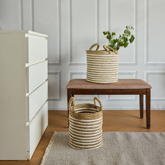 Natural rope storage baskets, White and beige striped baskets, Handwoven seagrass baskets, Cylindrical rope baskets with handles, Eco-friendly woven storage bins, Decorative jute and cotton baskets, Multi-purpose woven organizer baskets, Rustic rope baskets for home décor, Handmade rope baskets set, Farmhouse-style storage baskets. 

