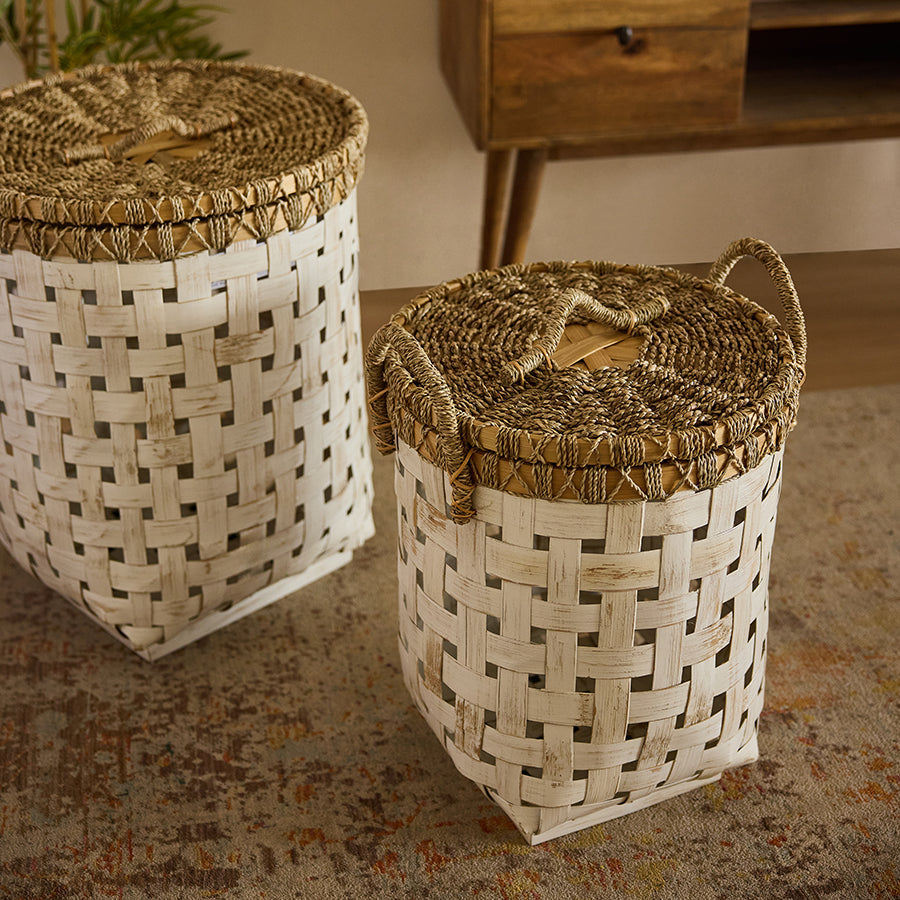 Boho chic home storage, eco-friendly woven hampers, decorative seagrass and bamboo baskets, artisan crafted storage bins, vintage inspired woven baskets, sustainable home organization baskets, laundry baskets with lids, stylish woven home storage.