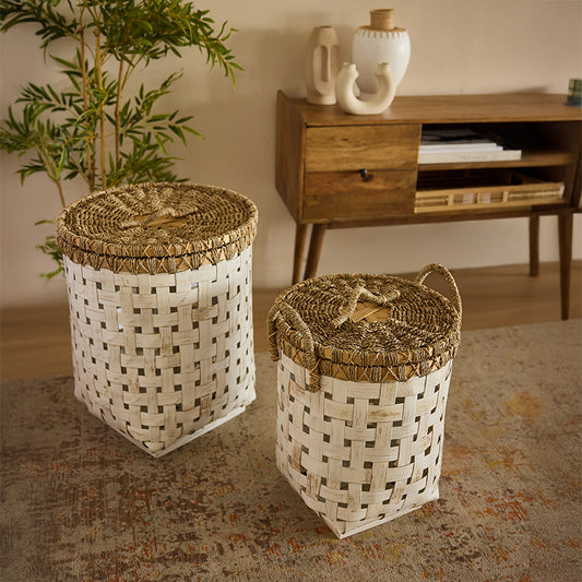 bamboo and seagrass storage baskets, lidded storage baskets, 
Boho chic storage solutions, 
laundry baskets for modern homes, 
coastal style woven hampers,
handcrafted laundry bins, 
stylish storage baskets with lids.