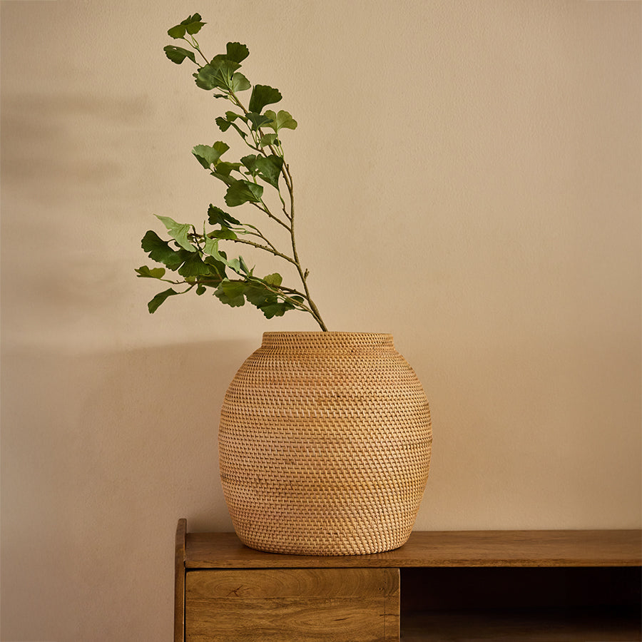 Woven rattan decorative vase, Handcrafted wicker basket vase, 
Natural fiber floor vase, Rustic bamboo vase basket, Artisan wicker décor piece, Eco-friendly woven vase, Large round wicker planter, Neutral tone woven home accessory, 
Handwoven basket vase for dried branches, Decorative wicker vase for entryway styling, Sustainable rattan vase for modern interiors, Boho natural woven vase with rustic finish, 
Round basket planter for indoor décor, Sculptural vase basket for living room shelf. 

