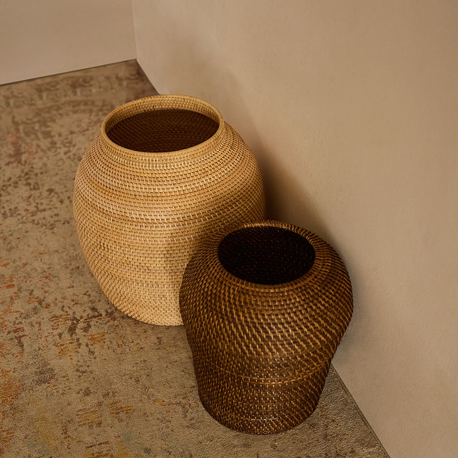 Handwoven wicker vase set, Natural and dark rattan decorative vases, Eco-friendly woven floor vases, 
Artisan rattan vase duo, Boho wicker basket vases, Decorative bamboo vases, Rustic handwoven vase baskets, Wicker sculptural décor pieces, Set of two handcrafted rattan floor vases, Wicker vase décor in natural and dark finish, Boho rustic woven basket vases for home, 
Handwoven decorative vases for entryway, Sustainable rattan décor accessories. 
