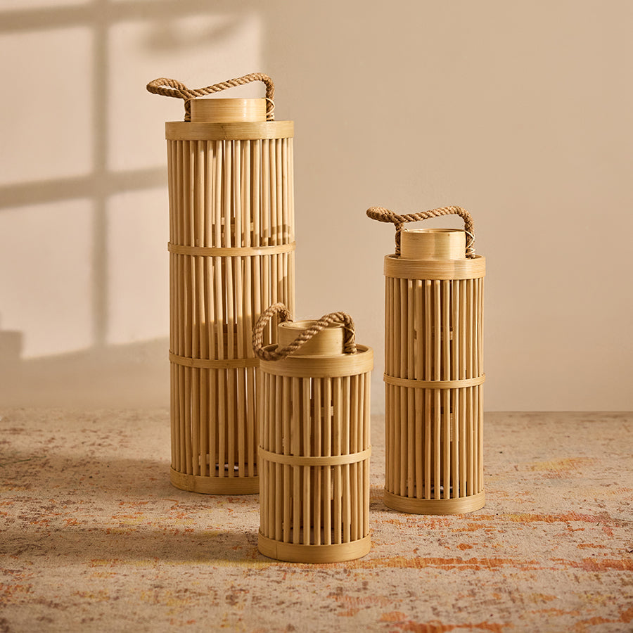 Decorative bamboo candle holders, 
Handcrafted bamboo lanterns, Eco-friendly home décor, Bohemian bamboo lanterns, Organic home décor accents, Coastal style bamboo lantern, Tabletop bamboo lantern décor, Neutral tone home accents, 
Modern rustic lanterns .