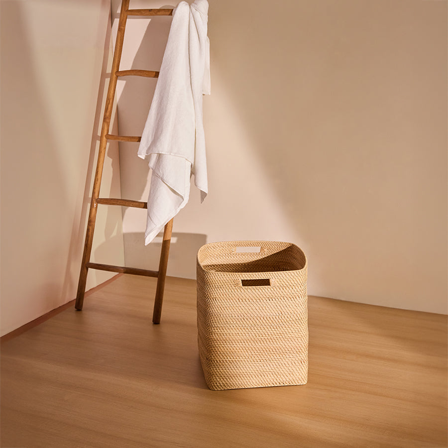 Natural woven basket, Handwoven storage basket, Eco-friendly laundry hamper, Rattan storage basket, Wicker laundry basket, Decorative woven hamper, Minimalist home storage, Sustainable storage bin, Boho basket organizer, Rustic home décor basket, Large handwoven rattan laundry basket, Square wicker basket with handles, Eco-friendly home organization basket, 
Decorative woven basket for bedroom or bathroom, Modern Boho woven hamper for laundry or towels .

