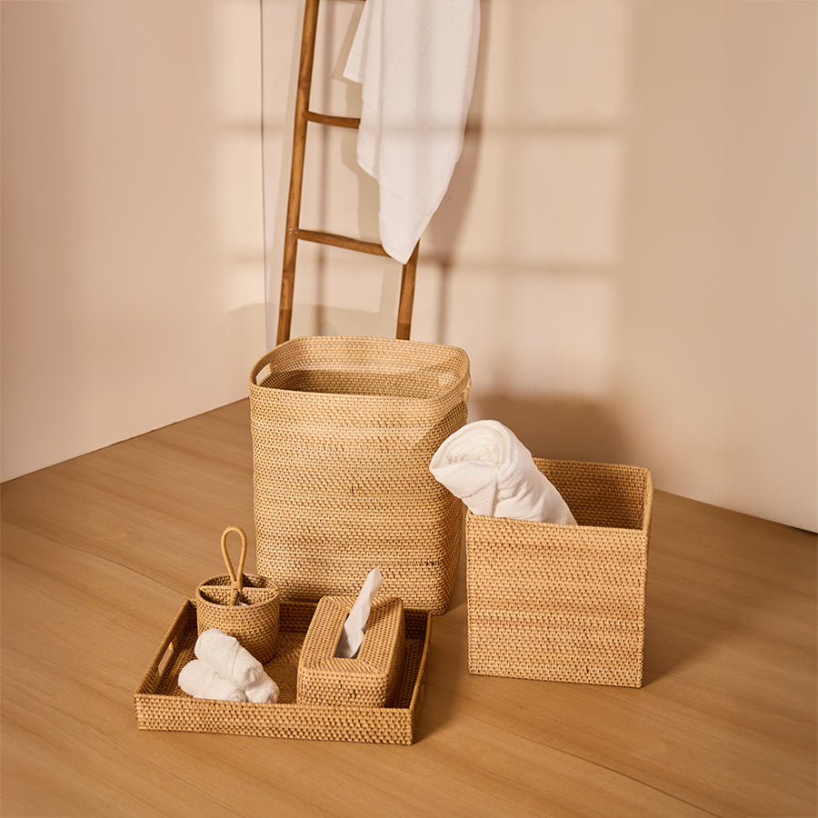 Rattan bathroom accessories set, Woven storage basket set, Handwoven rattan organizer, 
Natural rattan home storage, 
Wicker bathroom décor, Eco-friendly storage bins, Boho rattan storage trays, Rustic woven bathroom set, Minimalist home organization, 
Sustainable décor accessories .