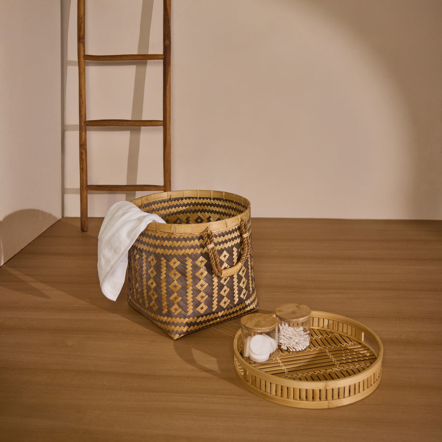 Woven storage basket, Handwoven bamboo basket, Eco-friendly laundry basket, Decorative woven bin, Artisan bathroom basket, Natural fiber basket with handles, Handmade woven basket for towels, Rustic home organization basket, Boho chic storage solution, Bamboo hamper basket, Multi-purpose storage bin, 
Stylish basket for minimal interiors .