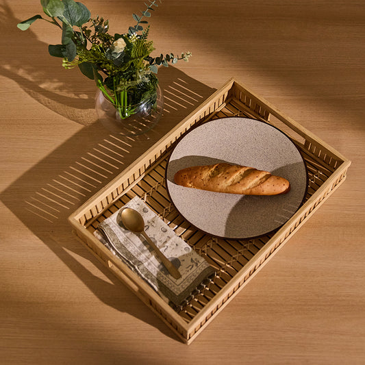 Bamboo serving tray, Handwoven rectangular tray, Eco-friendly bamboo tray, Natural wooden tray with handles, Rustic breakfast tray, 
Matte ceramic dinner plate, Stoneware serving plate, Rustic neutral tone plate, Handmade ceramic dish, Minimalist round plate .

