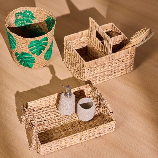 Handwoven waste basket, Eco-friendly bin with leaf print, Palm leaf laundry basket, Decorative rattan-style dustbin, Natural fiber wastebasket, Tropical print woven bin, Handmade bamboo trash can, Leaf motif storage basket, Boho chic waste bin, Sustainable decorative basket. 