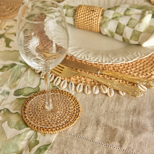 Handwoven rattan coaster, Natural wicker drink coaster, Eco-friendly cup mat, Rustic Boho coaster, Round woven glass coaster, Green checkered napkin, Cotton table napkin, Reusable cloth dinner napkin, Handwoven napkin ring, Boho rattan napkin holder, Floral rim ceramic dinner plate, Elegant white handmade plate, Stoneware vintage style dish, 
Scalloped edge ceramic plate, 
Artisan ceramic tableware. 