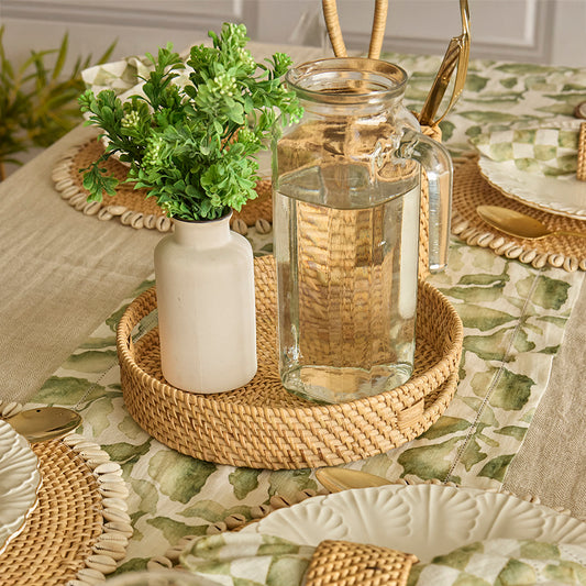 woven round serving tray, 
rattan decorative tray, natural woven tray centerpiece, coastal table décor, shell edge placemats, Boho dining table setting, eco friendly serving tray, rustic woven water jug tray, tropical home table styling, handmade shell placemat, farmhouse woven placemats, artisanal table accessories, beach house dining décor, summer coastal table styling, 
sustainable woven basket tray, natural fiber kitchen tray, neutral dining table decoration. 