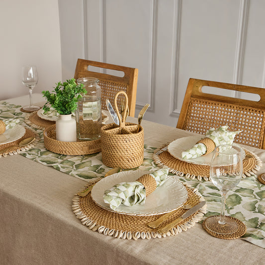 rattan shell placemat, coastal woven placemat, Boho beach table mat, cowrie shell rattan charger, tropical placemat, rattan cutlery holder, woven kitchen utensil holder, rustic flatware organizer, Boho kitchen storage, rattan drink coaster, natural woven coaster, eco-friendly beverage coaster, rustic coaster set. 