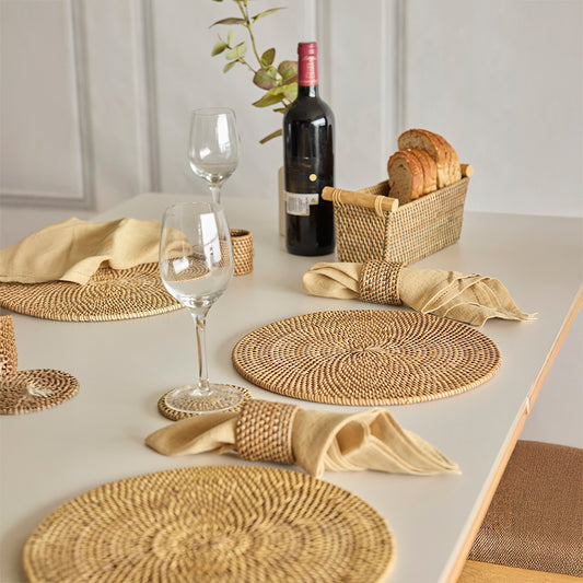 Rattan placemats, Woven table mats, Natural fiber placemats, Handcrafted round placemats, Boho dining table décor, Eco-friendly placemats, Rattan napkin holders, Handmade napkin rings, Boho table accessories, Rustic woven napkin rings, Natural napkin ring set .

