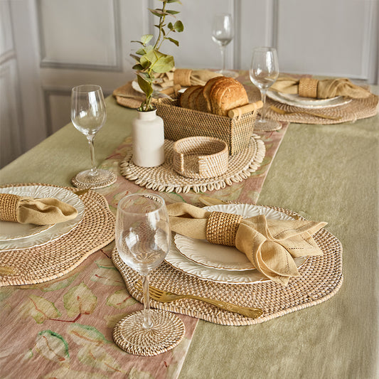 Handwoven rattan placemat, Natural wicker table mat, Boho style dining placemat, Rustic table décor, Eco-friendly placemat round, Scalloped edge placemat, White ceramic dinner plate, Floral edge ceramic plate, Handmade ceramic tableware, Elegant rustic dinner plate, Vintage style ceramic dish. 

