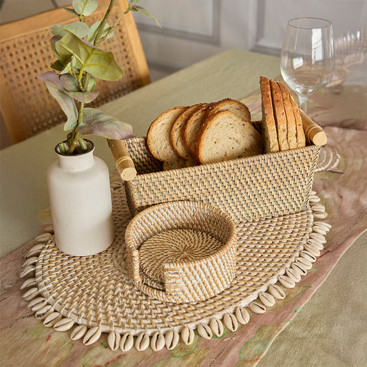 woven bread basket, rattan rectangular basket, wicker bread basket, natural woven serving basket, bamboo handle basket, Boho bread basket, rustic woven bread holder, 
farmhouse style bread bin, handmade wicker bread tray, rectangular rattan storage basket, 
eco-friendly woven organizer, artisanal kitchen basket, sustainable table bread basket, handcrafted rattan storage tray, decorative woven bread holder. 