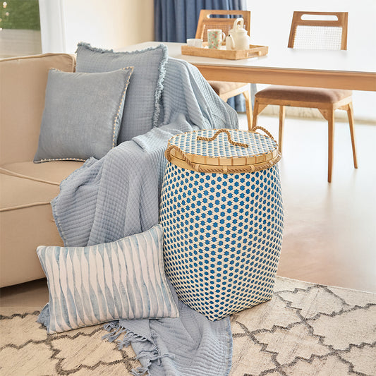 Blue woven storage basket, Decorative laundry basket with lid, Handmade rope handle basket, Boho living room storage basket, Eco-friendly woven hamper, Stylish woven basket for home décor, Blue and white handcrafted hamper, Tall basket for blankets and pillows, Natural fiber basket with lid, Decorative indoor storage solution. 
