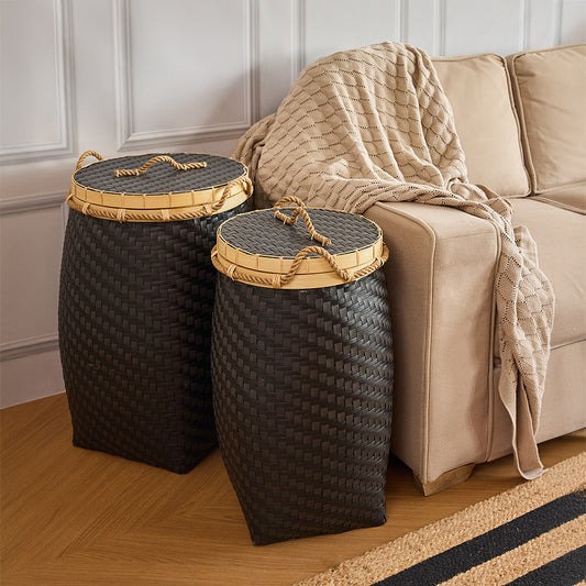 Black woven storage baskets, Handcrafted basket set with lids, Rope handle storage hampers, Bamboo lid woven baskets, Black laundry basket set, Decorative home storage baskets, Modern home storage baskets, Cozy living room basket décor, Stylish baskets for blanket storage, Minimalist decorative hamper set, Eco-friendly woven bins for home, Contemporary storage solutions. 
