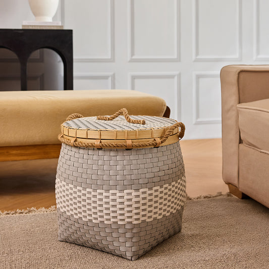 Woven storage basket with lid, Decorative laundry basket, Rope handle storage bin, Handwoven home organizer, Eco-friendly storage basket, Plastic rattan basket with lid, 
Neutral tone laundry hamper, Modern woven basket décor, Living room storage basket, Stylish home organization bin, Rustic woven container, Lid-top storage basket, Foldable laundry basket alternative, Multi-purpose home basket, Contemporary woven hamper .