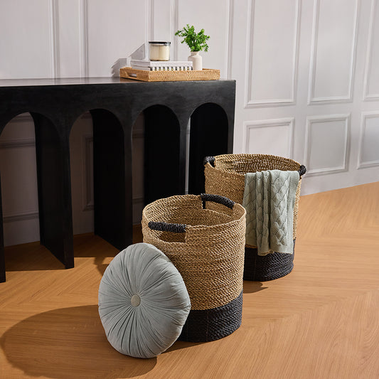 Two-tone woven storage basket, 
Handwoven seagrass basket, Eco-friendly storage basket, Boho woven basket with handles, Stylish woven basket for modern home décor. 

