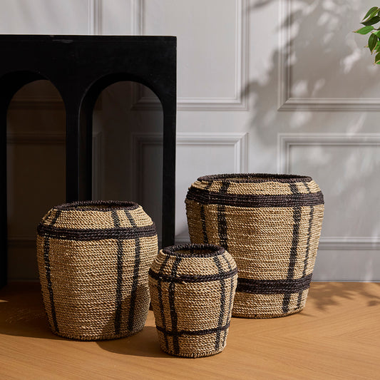 Handwoven jute basket set, Natural fiber storage baskets, Black and tan woven baskets, Decorative basket trio for home, Artisan rope storage baskets, Rustic woven basket set, 
Decorative handcrafted baskets for living room, Boho-style storage baskets with black accents, Set of 3 woven rope baskets for home décor, 
Rustic jute baskets with bold check pattern, Multipurpose handwoven baskets for organization, Natural woven baskets for stylish storage.