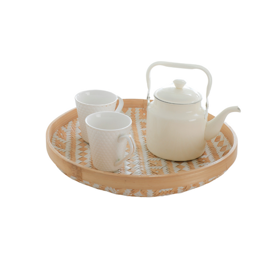 Woven bamboo tray, Round bamboo serving tray, Natural bamboo tray with white accents, Handmade bamboo tea tray, Eco-friendly round tray, Rustic bamboo tray for kitchen, Decorative bamboo platter, Boho style bamboo tray, White ceramic teapot, Classic white teapot with handle, Porcelain tea kettle, Minimalist teapot, Vintage-style white kettle. 

