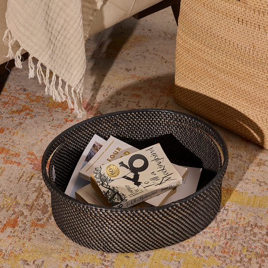 Woven storage basket, Round wicker basket, Decorative basket, Handwoven organizer bin, Rattan storage container, Rustic round basket for living room, Woven basket for books and magazines, Stylish home storage basket .