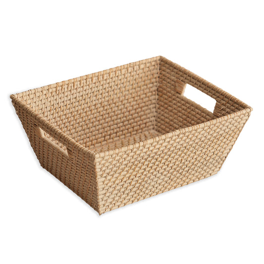 Wicker storage basket with handles, 
Handwoven organizing basket, Natural rattan storage bin, Decorative woven storage basket, Eco-friendly wicker organizer, Rectangular basket for shelves, Rustic woven basket with cutout handles ,Handmade wicker bin for home, Multi-purpose woven storage box, Natural fiber basket for pantry or closet .