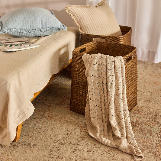 Dark woven storage baskets, Bedroom woven hamper, Handwoven bedside basket, Rattan-look storage bin, Decorative basket for throws and pillows, Cozy bedroom storage basket for blankets, Handcrafted wicker hamper with handles, Brown rattan organizer for pillows and linens, Decorative woven basket for bedroom décor, Natural fiber basket for modern rustic interiors .

