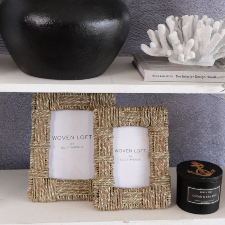 Woven jute photo frame, Natural fiber picture frame set, Rustic tabletop photo frames, Handwoven Boho photo frame, Eco-friendly seagrass picture frame, Woven loft home décor frame, Bohemian style frame pair, Handmade decorative photo frames, 
Textured natural frame set, Sustainable frame for shelf styling. 

