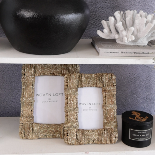 Woven jute photo frame, Natural fiber picture frame set, Rustic tabletop photo frames, Handwoven Boho photo frame, Eco-friendly seagrass picture frame, Woven loft home décor frame, Bohemian style frame pair, Handmade decorative photo frames, 
Textured natural frame set, Sustainable frame for shelf styling. 

