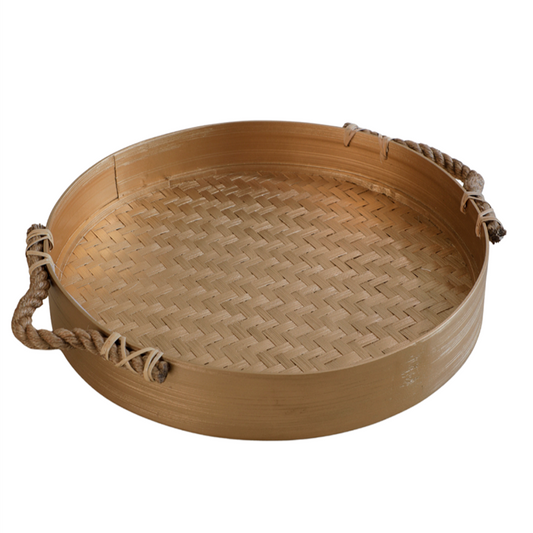 Natural bamboo serving tray, Round woven tray with handles, Rope handle bamboo tray, Handcrafted bamboo tray, Eco-friendly round tray, Handmade bamboo tray with rope accents, Rustic round serving tray for décor, Woven bamboo platter with handles, Sustainable kitchen bamboo tray, Boho style natural bamboo tray. 

