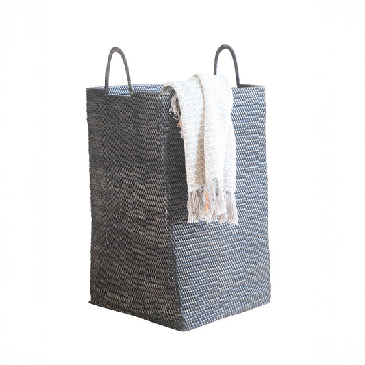 Tall black woven basket, Handwoven laundry hamper, Rectangular wicker storage basket, Natural fiber basket with handles, Seagrass laundry basket, Tall rectangular hamper for laundry or storage, Black woven storage bin with handles, Decorative standing basket for blankets, Sturdy handwoven seagrass basket, Sustainable tall woven basket organizer.
