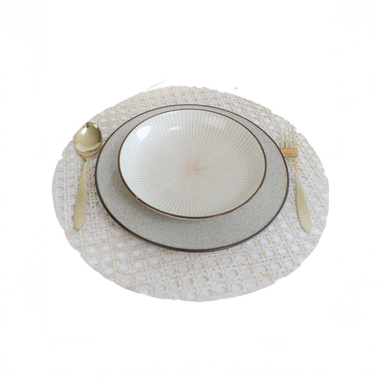 white rattan placemat, cane weave placemat, round woven table mat, natural fiber white placemat, Boho chic placemat, handmade woven placemat, rustic white table mat, farmhouse woven placemat, ceramic dinnerware set, stoneware dinner set, 
modern ceramic bowl, designer dinner plate, handmade ceramic plate, neutral tone dinnerware, artisan style dishware, rustic ceramic serving bowl. 